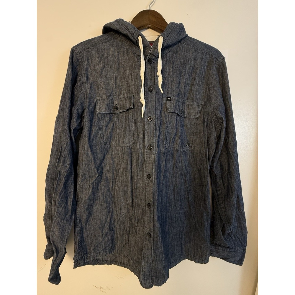 Quiksilver Hooded Chambray Shirt Men's M Blue Button Up Cotton Skate Surf Casual